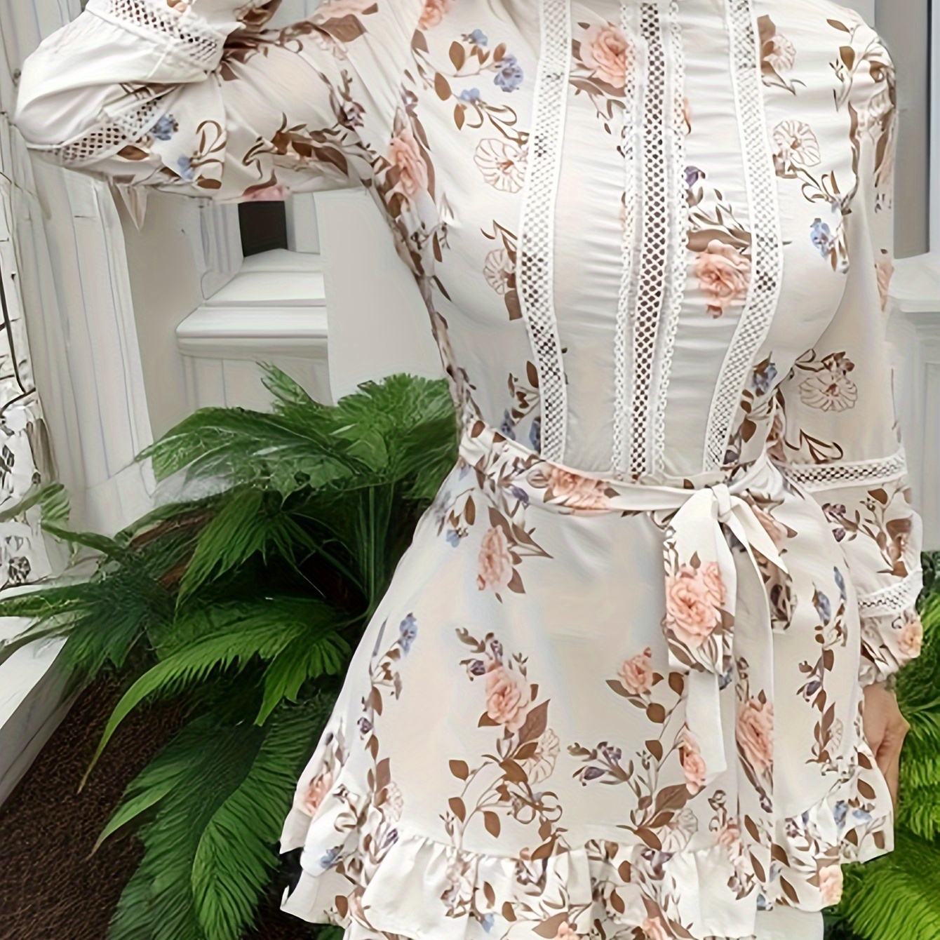 

Floral Print Mock Neck Belted Dress, Elegant Long Sleeve Tiered Ruffle Hem Mini Dress, Women's Clothing