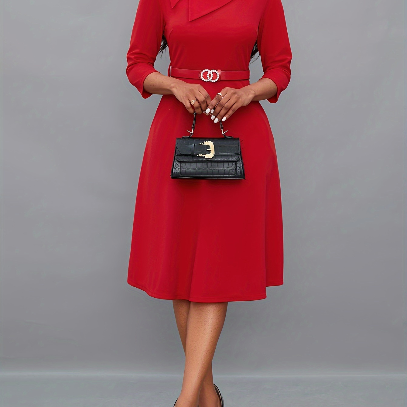 

Solid Asymmetric Neck Belted Dress, Elegant 3/4 Sleeve Dress For Spring & Fall, Women's Clothing