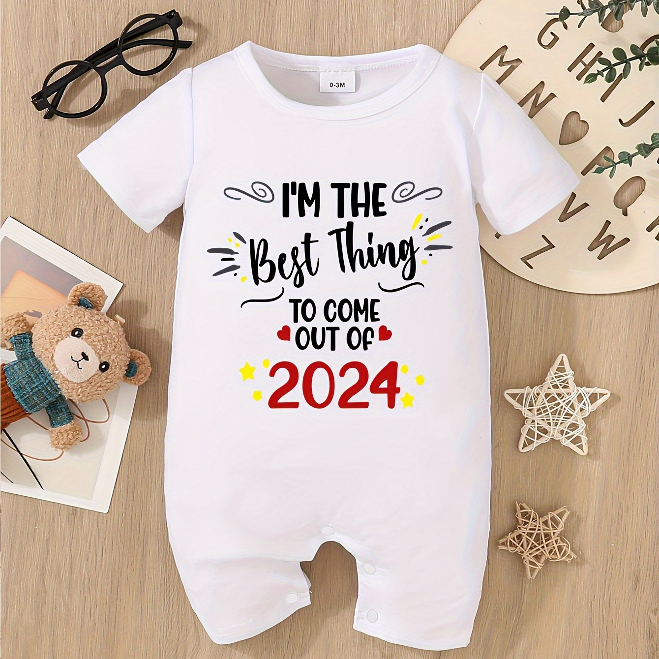 

Infant's "i'm The Best Thing To Come Out Of 2024" Print Bodysuit, Comfy Short Sleeve Onesie, Baby Boy's Clothing, As Pregnancy Gift