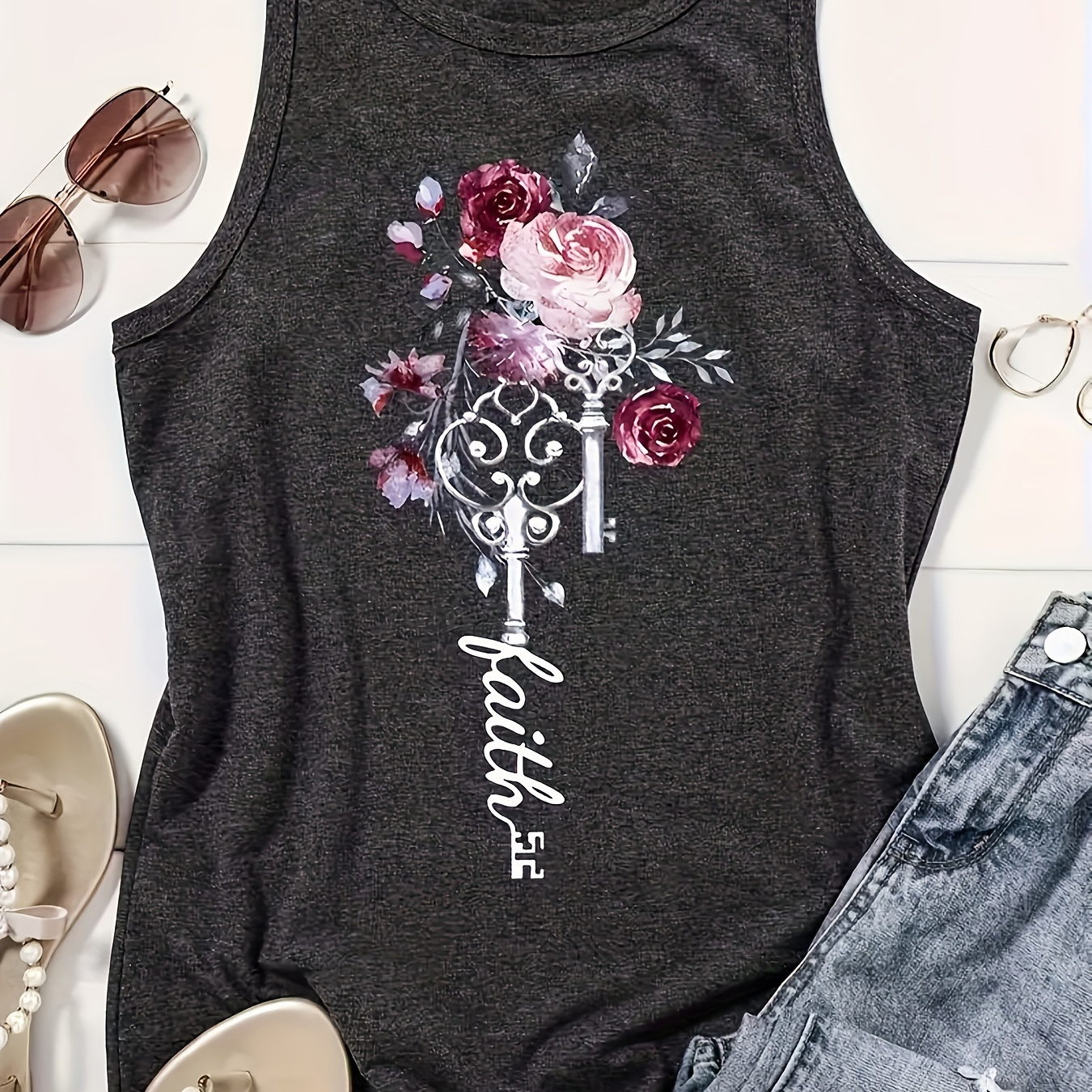 

Graphic Print Tank Top, Sleeveless Casual Top For Summer & Spring, Women's Clothing