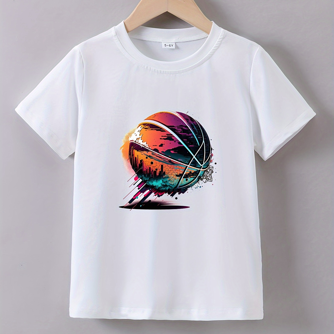

City Basketball Print Boy's Casual T-shirt, Vibrant Comfortable Short Sleeve Top, Boys Summer Clothing