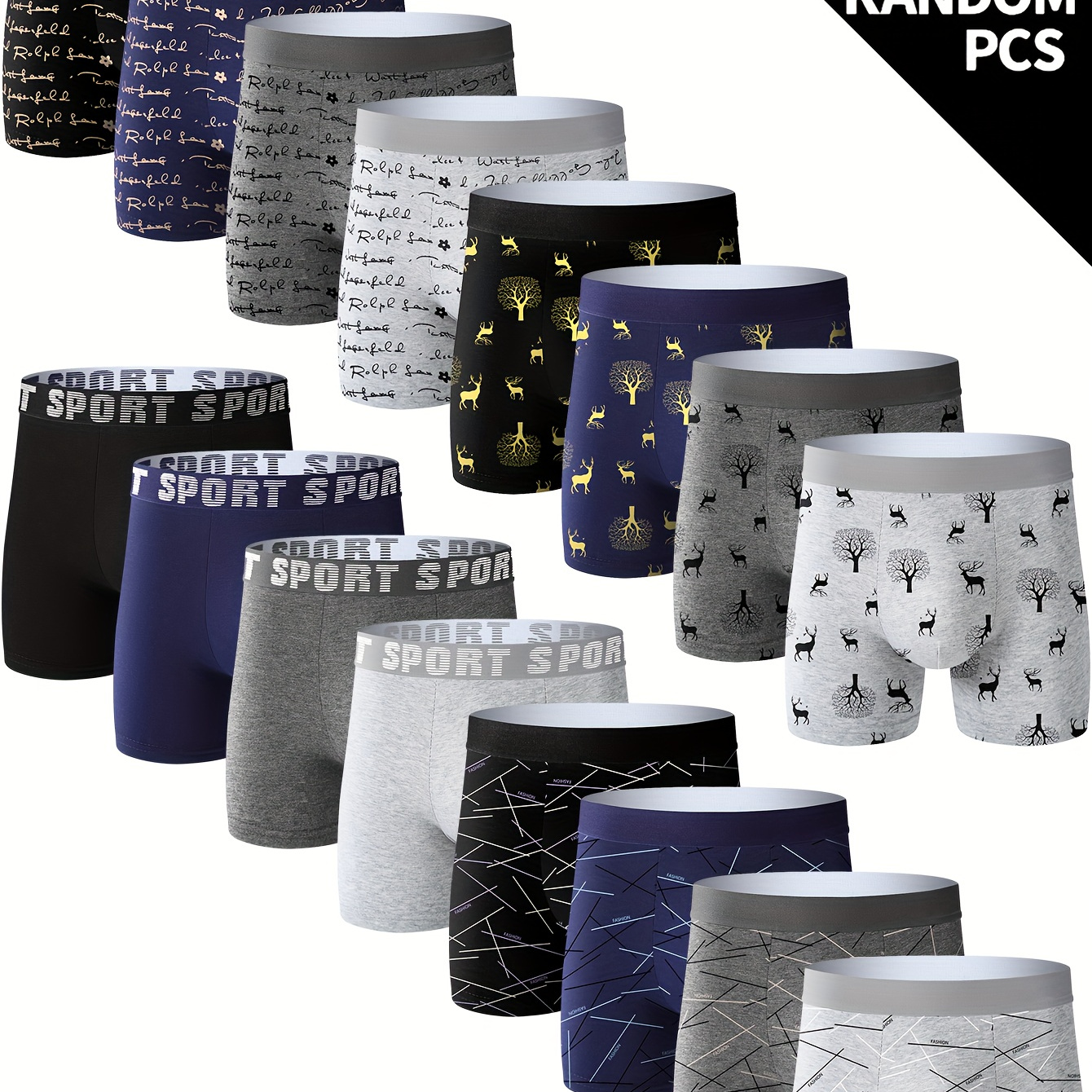 

Stylish High Quality Series - 10 Pcs Men's Geometric Letter Deer Print Stretchy Long Boxer Briefs - Comfy & Quick- Drying & Breathable Underwear Set