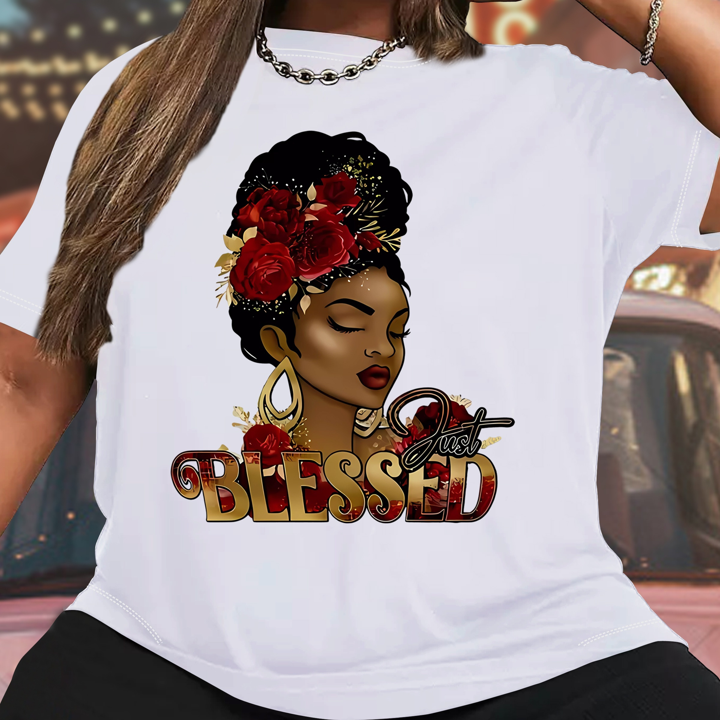 

Women's Casual Sports T-shirt Top, Plus Size Blessed Portrait Print Stretchy Round Neck Breathable Fabric Short Sleeve Fitness Tee Top