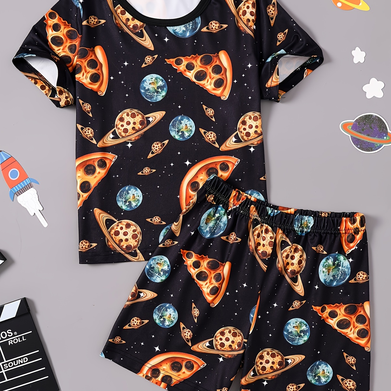 

2 Pcs Boy's Planet And Starry Sky Print Short Sleeve T-shirts & Pizza Star Random Print Elastic Waist Shorts Pajama Set, Comfortable & Skin-friendly Style Pajamas For Boy's Cozy Loungewear