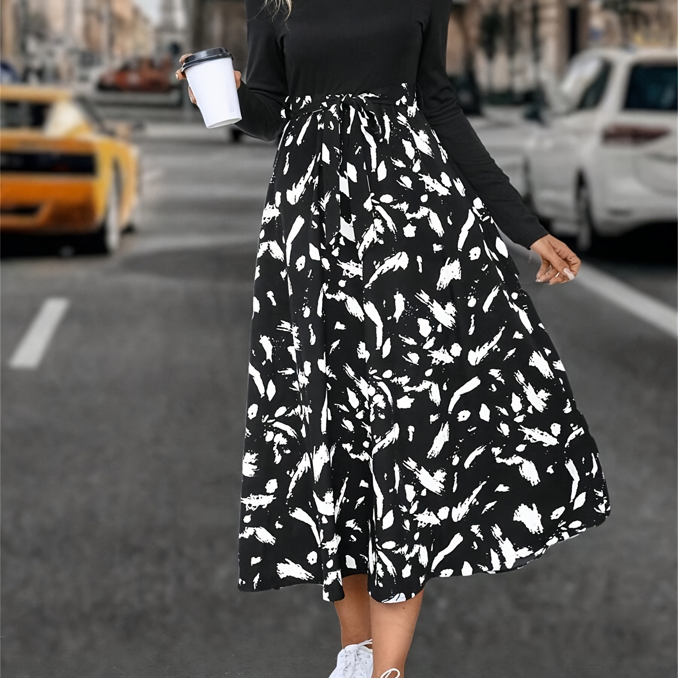 

Belted Allover Print Splicing A-line Dress, Elegant Crew Neck Long Sleeve Dress For Spring & Fall, Women's Clothing