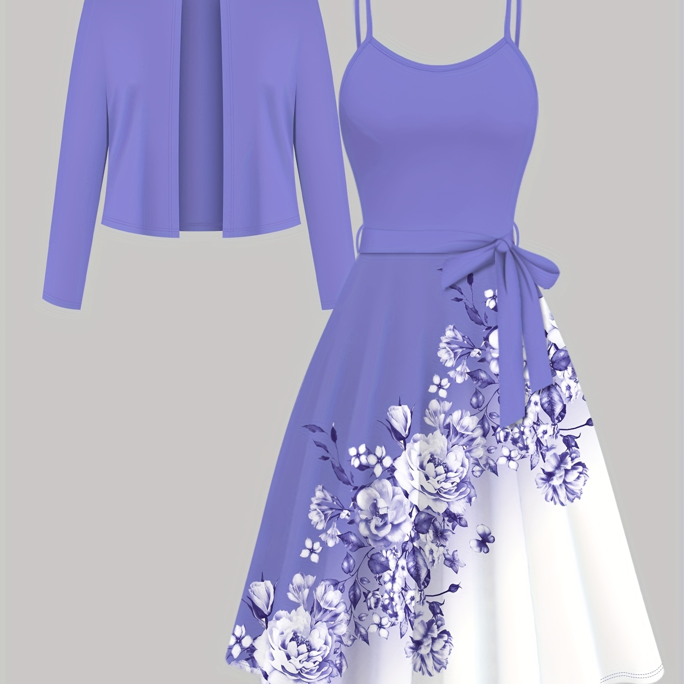 Lavender Floral 2pcs Dress Set (Bolero + Dress)