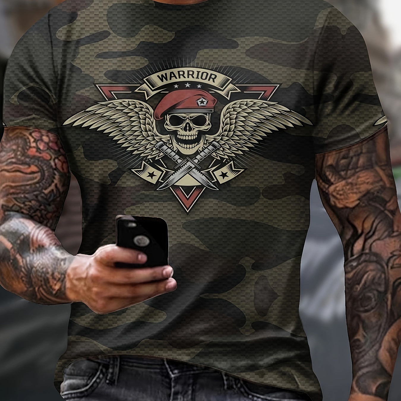 

3d Skull Warrior Camouflage Print Men's Trendy Color Block Short Sleeve Crew Neck T-shirt, Summer Outdoor