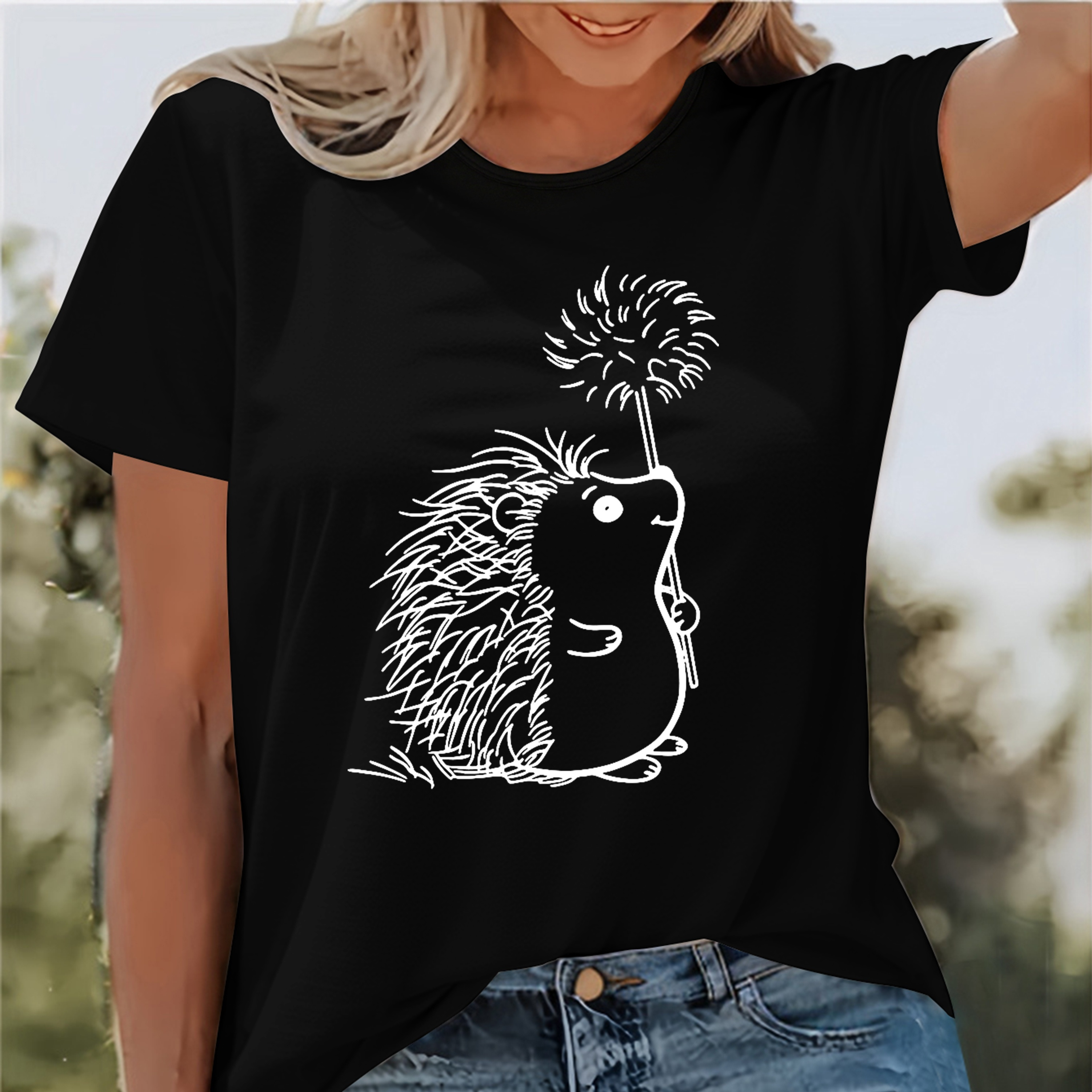 

Hedgehog Print Crew Neck T-shirt, Short Sleeve Casual Top For Summer & Spring, Women's Clothing
