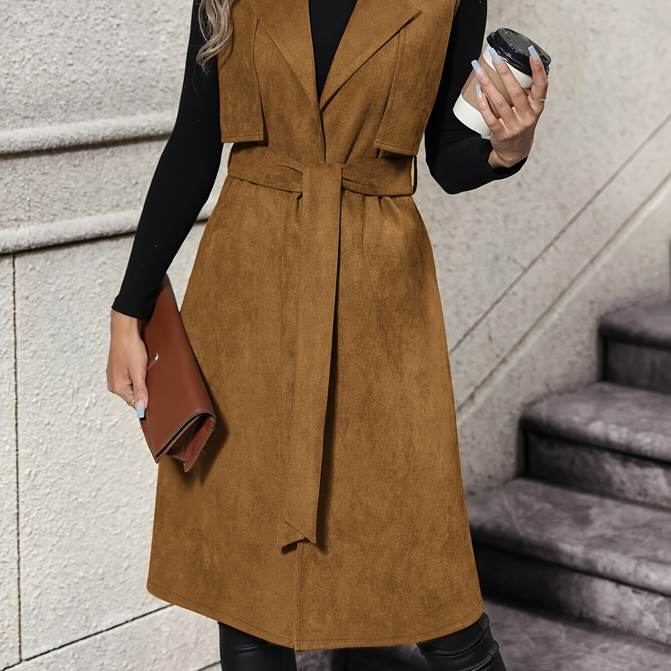 

Lapel Knee Length Wrap Belted Dress, Elegant Sleeveless Vest Dress For Fall & Winter, Women's Clothing