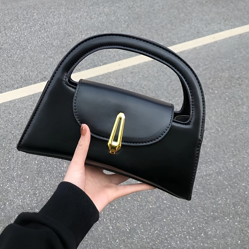 

Trendy Design Satchel Bag, Black Shoulder Bag With Metal Button & Detachable Strap