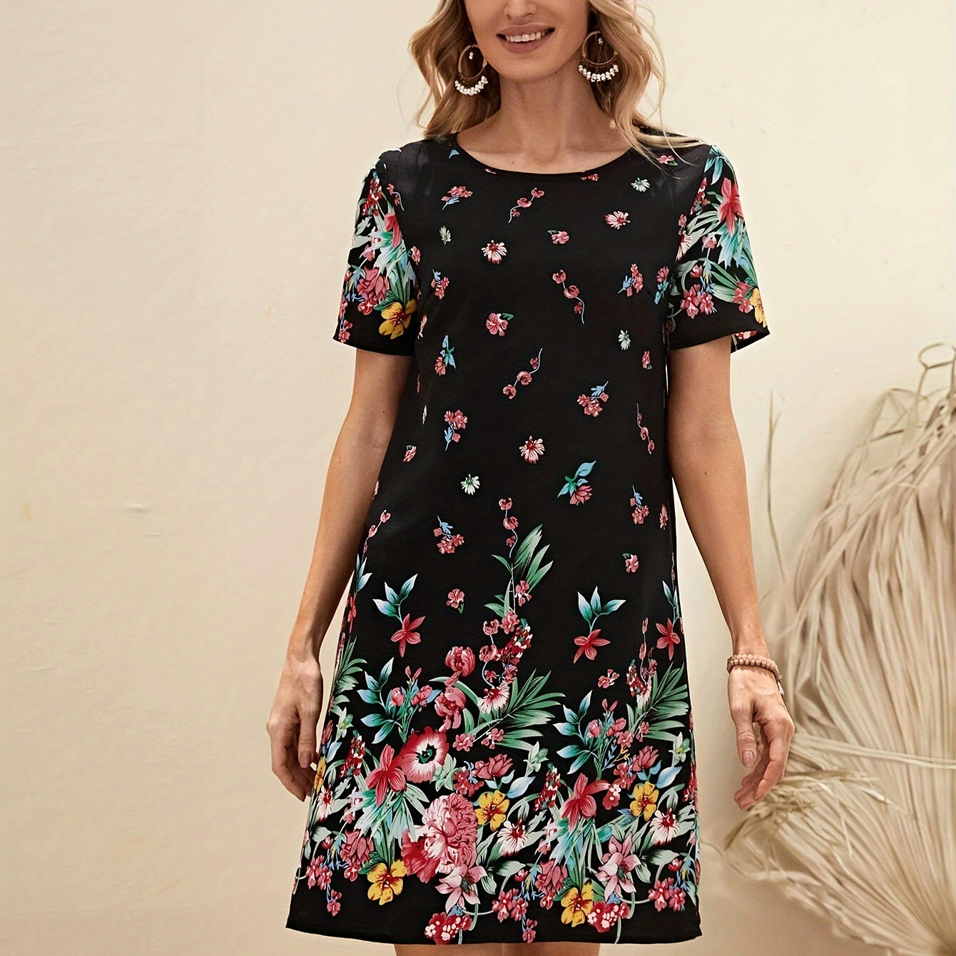 

Floral Print Crew Neck Dress, Elegant Short Sleeve Dress For Spring & Summer, Women's Clothing