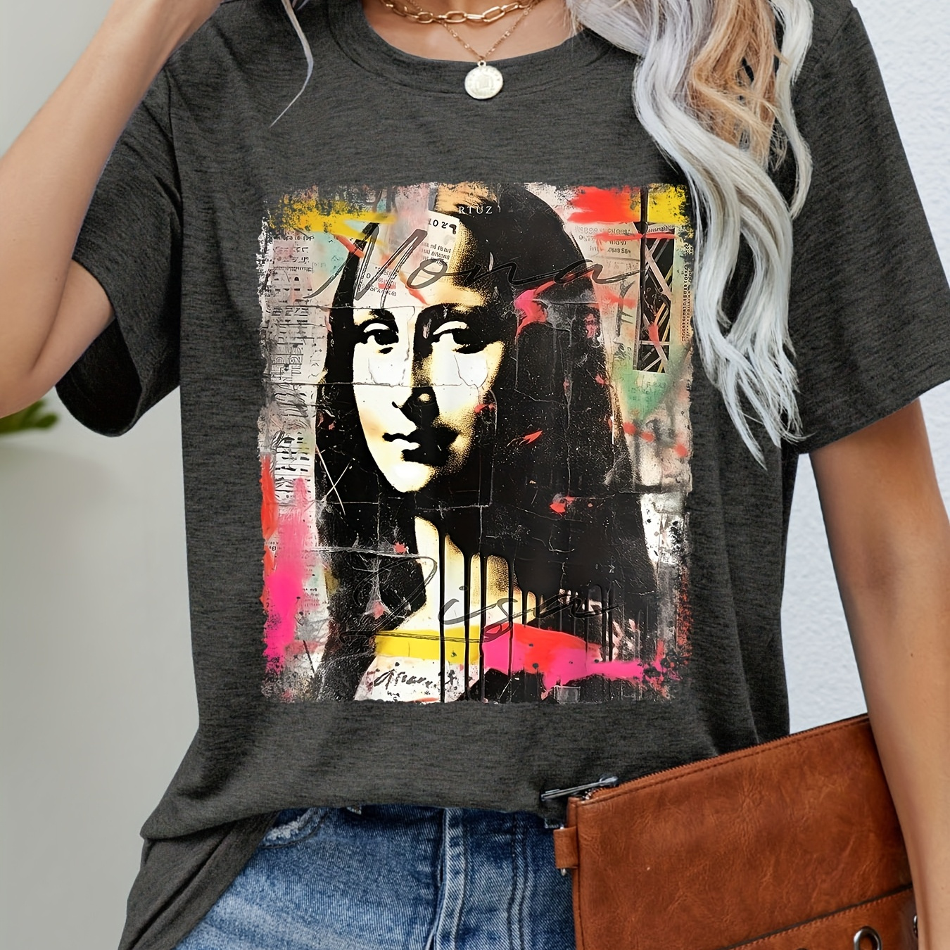 

Abstract Leonardo Da Art Print T-shirt, Short Sleeve Crew Neck Casual Top For Summer & Spring, Women's Clothing