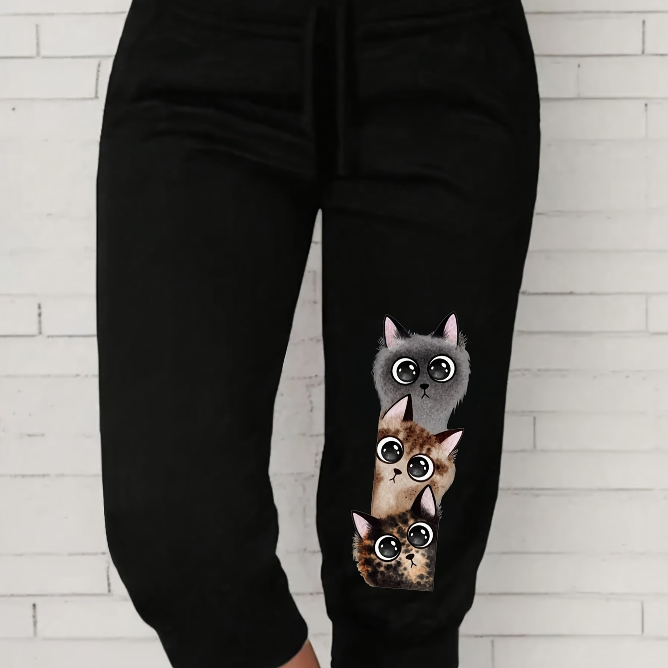 

Plus Size Cat Print Capris Fitted Bottom Pants, Casual Sporty Pants For , Women's Plus Size Clothing