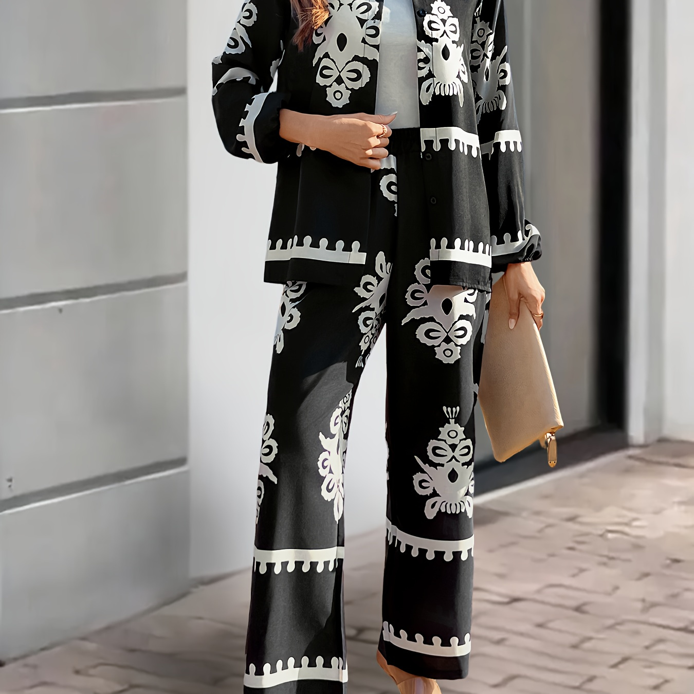 

Women's 2pcs Elegant Casual Suit, 100% Polyester Long Sleeve Top With Button Front And Pants, Plant Pattern, Loose Fit, Cardigan Collar, Regular Sleeve, Woven Spring/fall Outfit