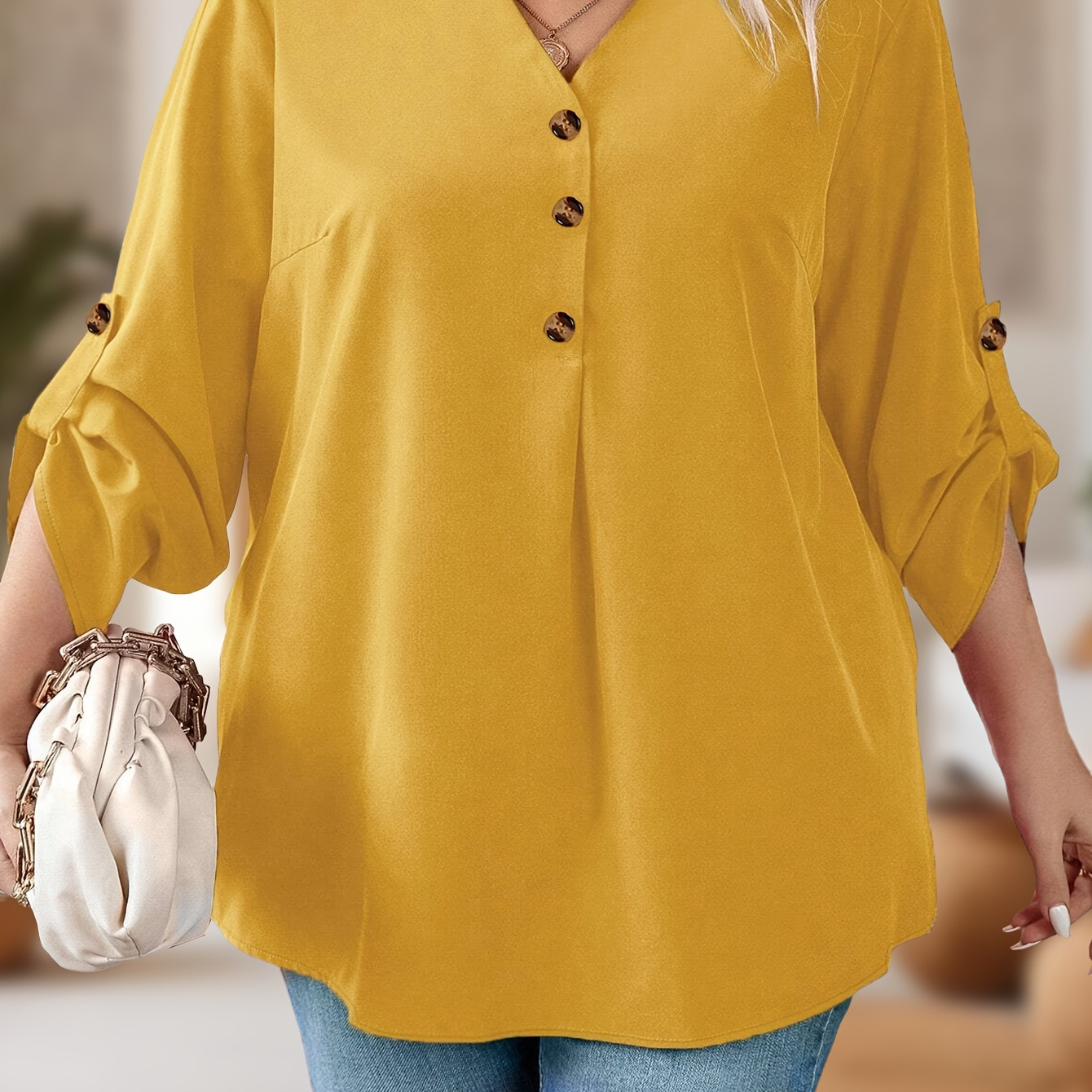 

New Fashionable Large Size Women's Shirt With V-neck And Loose Decorative Buttons In Elegant Style