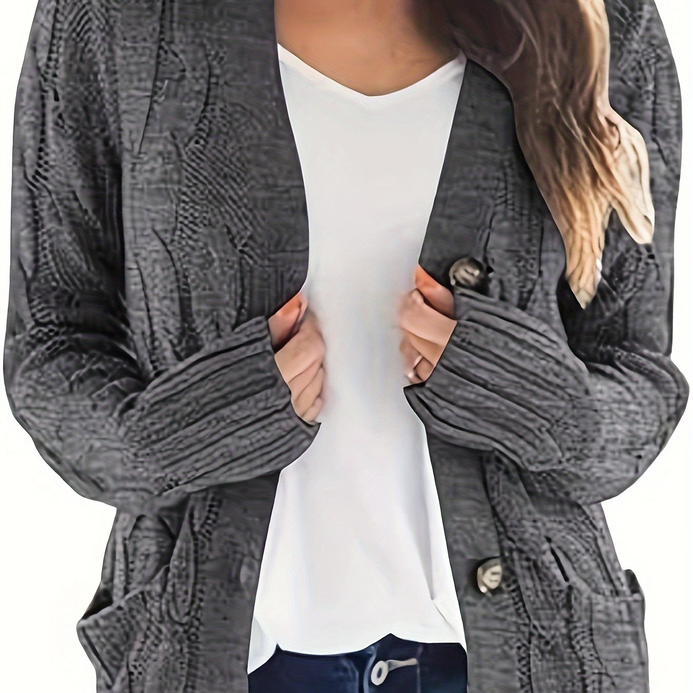 

Women's And Long-sleeved Cable Knit Sweater Cardigan Cardigan Buttons Loose Jacket