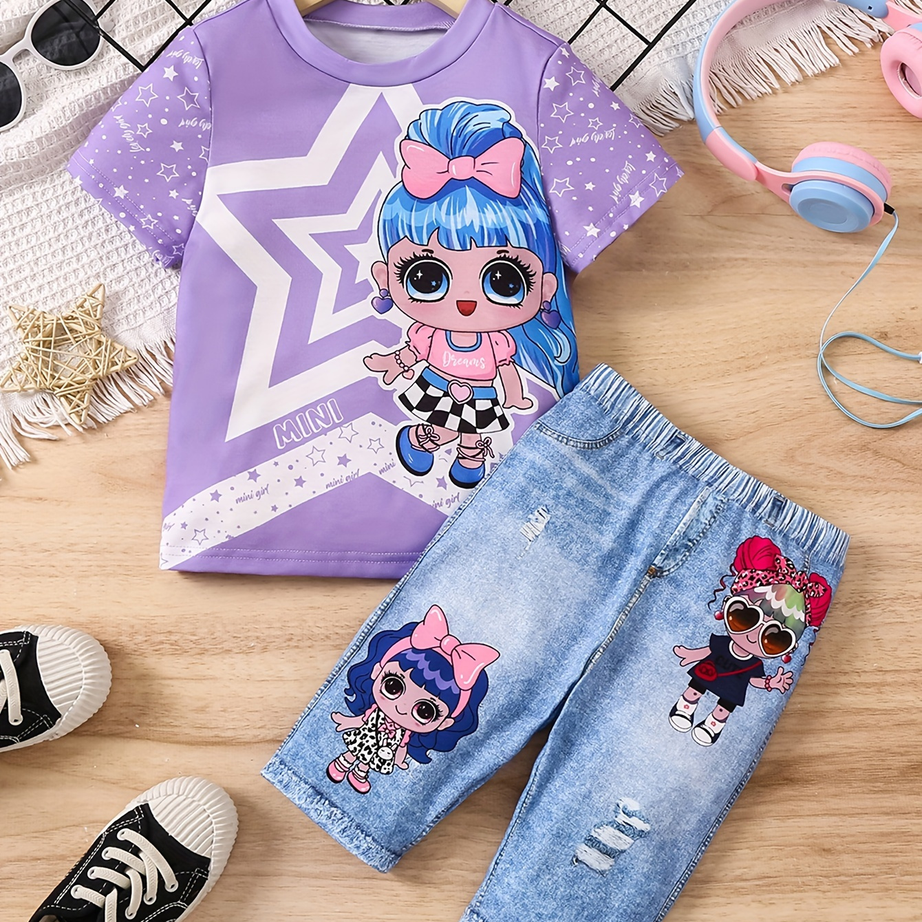

Star Girl Cartoon 2pcs Girls Short Sleeve T-shirt + Bike Shorts Set, Street Summer Outfit