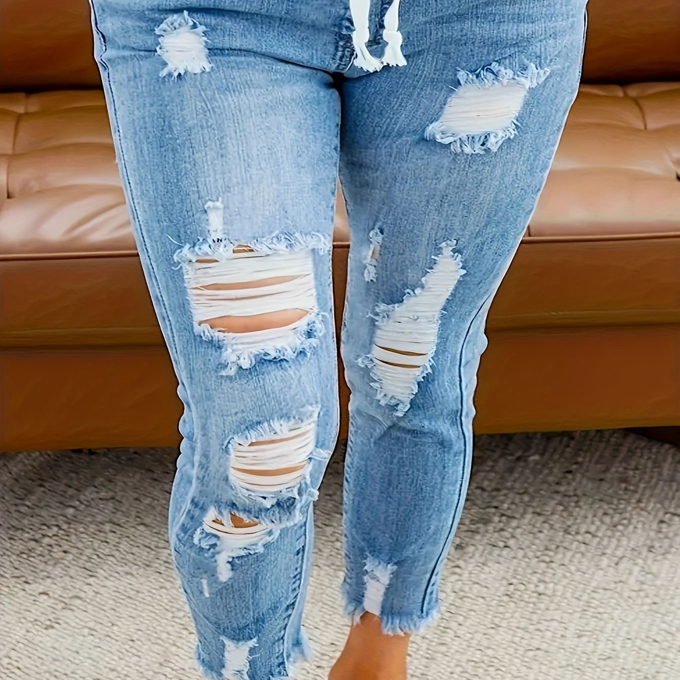 

Women's Plus Size Fashion Ripped Jeans, Casual Stretch Denim, Long Length, No Belt, Drawstring Waist, Solid Color, Slim Fit, , For Casual