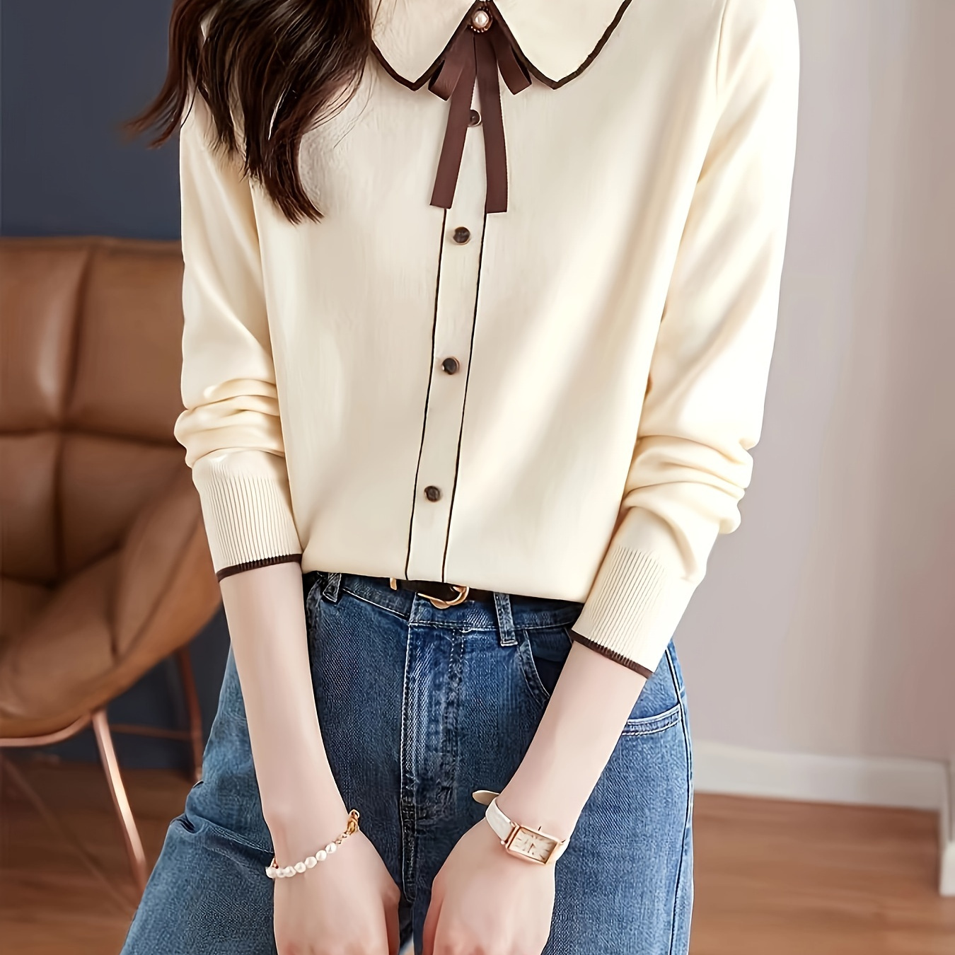 

Elegant Long Sleeve Pullover Sweater For Women With Lapel Collar, Solid Color Knit Polyester, Fall/winter Fit Knitted Top