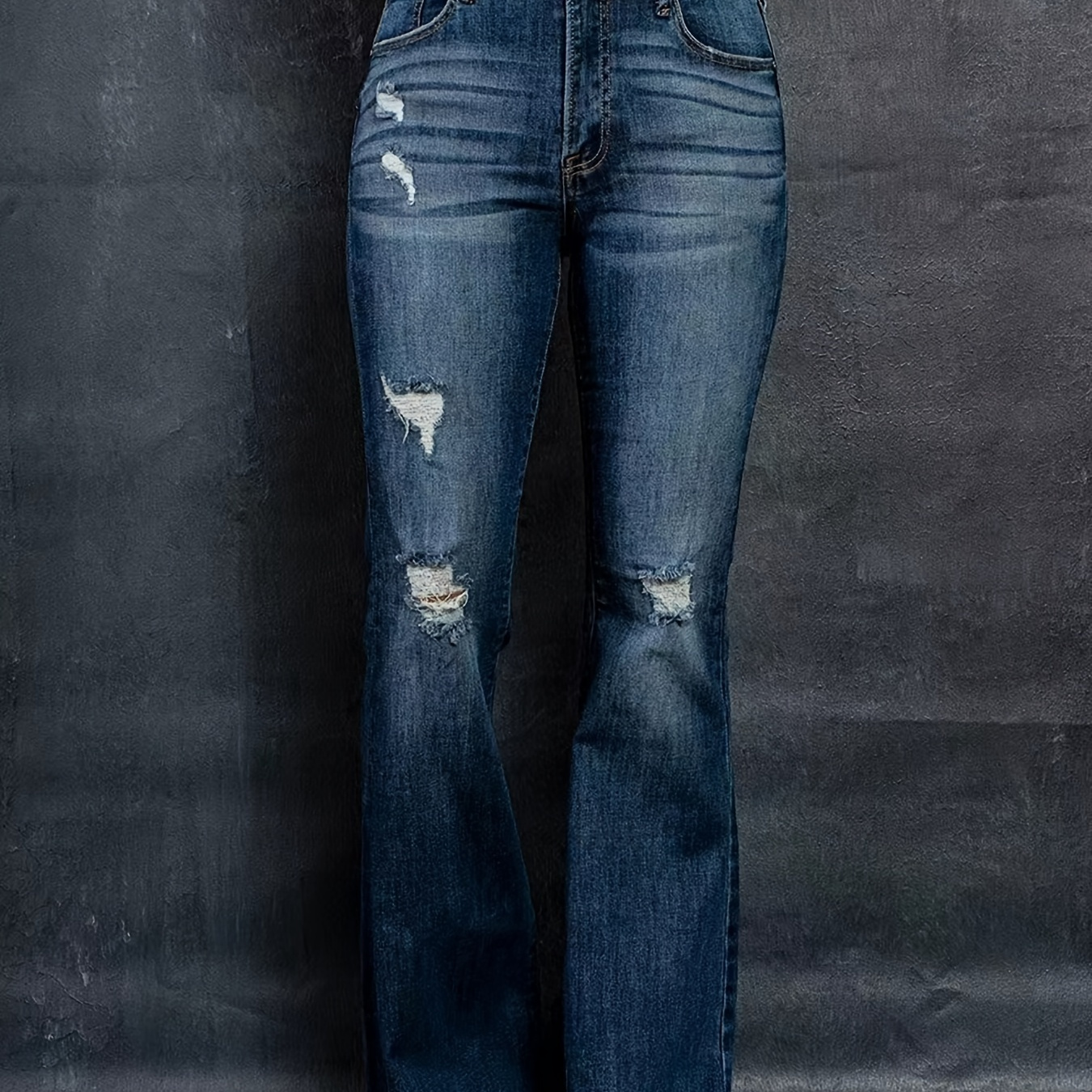 

Plus Size Casual Jeans, Women's Plus Washed Ripped Raw Trim Button Fly High Rise High Stretch Flared Leg Jeans