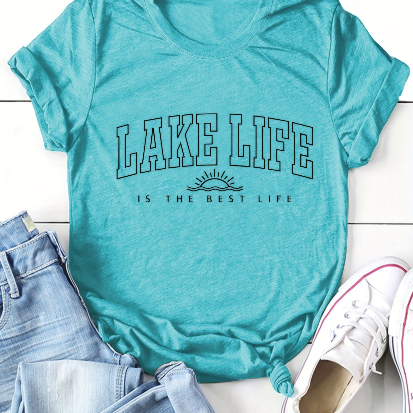 

Lake Life Is The Beat Print Crew Neck T-shirt, Short Sleeve Casual Top For Spring & Summer, Women's Clothing