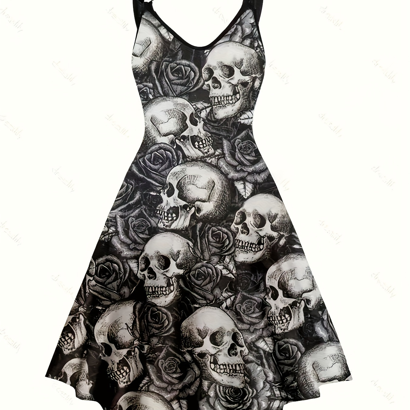 

Skull Print Backless Dress, Casual Ring Linked Sleeveless Party Dress, Women's Clothing