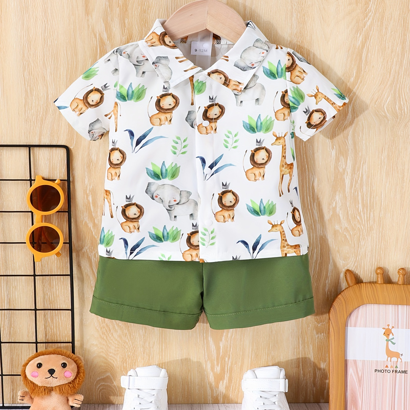 

2pcs Baby's Watercolor Lion & Elephant Pattern Summer Set, Short Shirt & Shorts, Baby Boy's Clothing, As Gift
