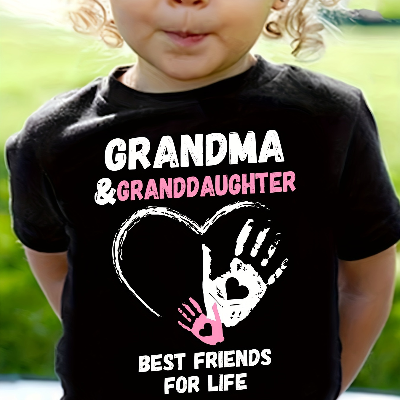 

Grandma & Granddaughter & Hand Palm Print, Girls Casual & Breathable Cotton Tee For Summer