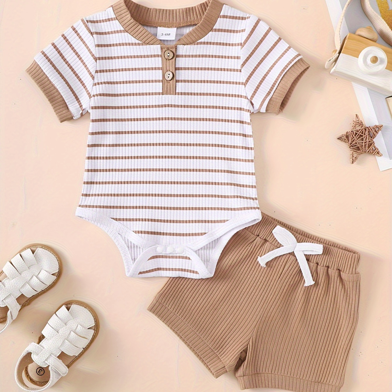 

2pcs Baby's Stripe Pattern Ribbed Summer Set, Short Sleeve Onesie & Casual Shorts, Baby Boy's Clothing, As Gift