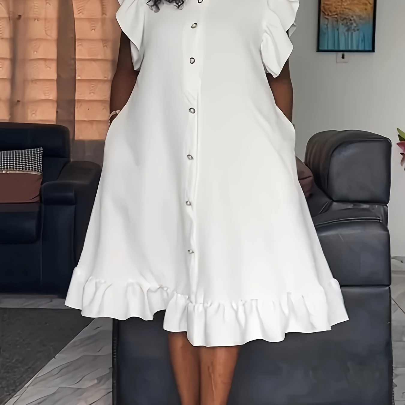 

Robe ample unie à volants, robe décontractée à manches courtes et col montant pour le printemps et l'été, vêtements grande taille pour femmes