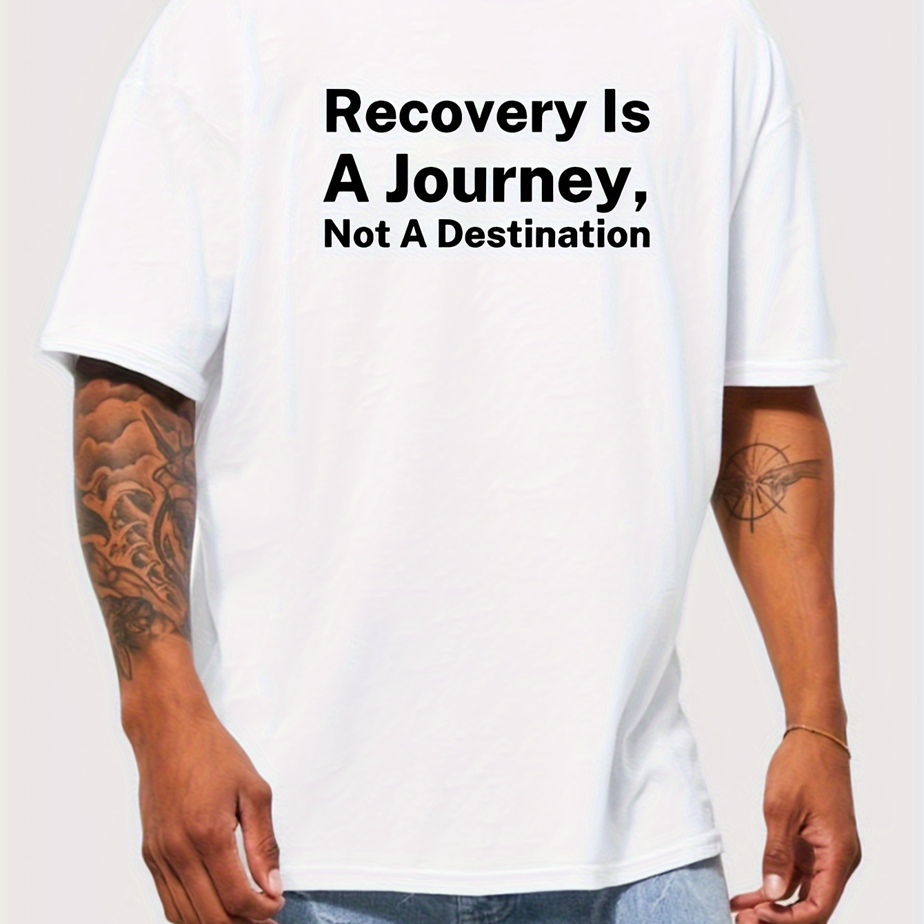

Recovery Is A Journey Print Men's Short Sleeve T-shirts, Comfy Casual Elastic Crew Neck Tops For Men's Outdoor Activities