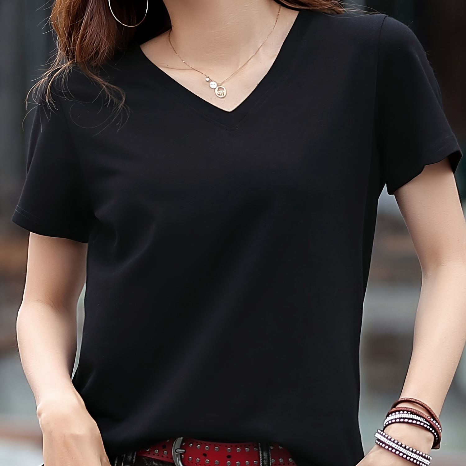 

Solid Color V-neck Simple T-shirt, Casual Short Sleeve T-shirt For Spring & Summer, Women's Clothing