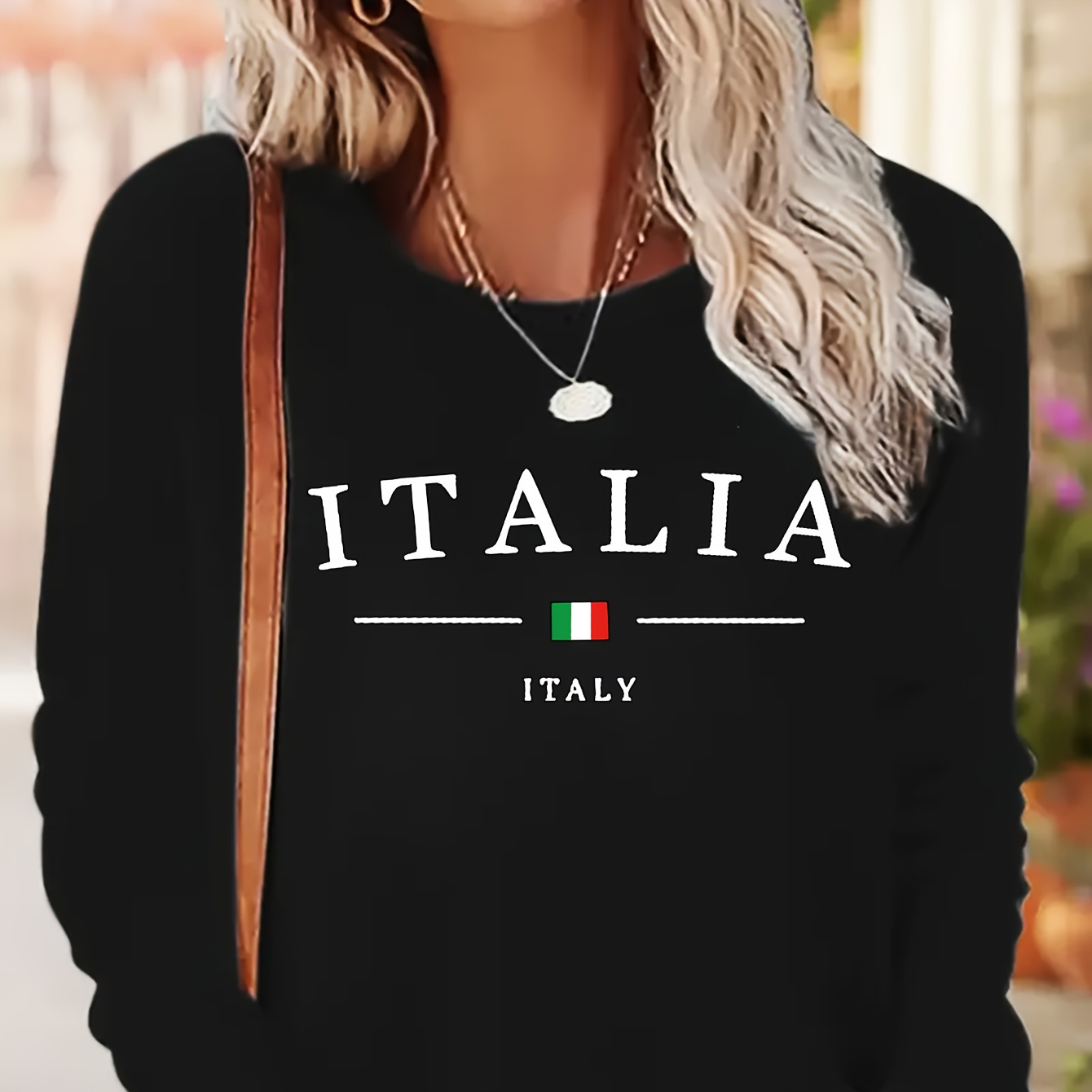 

Women's Casual Long Sleeve Crew Neck T-shirt With Italy Flag Applique, 100% Polyester Knit Fabric, Regular Length, Alphabet Pattern Top