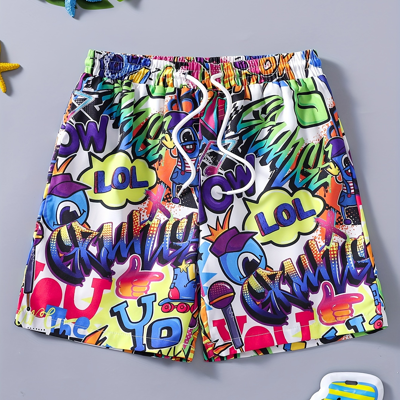 

Cartoon Graffiti Letter Pattern Quick Dry Swim Trunks For Boys, Elastic Waist Beach Shorts, Boys Swimwear For Summer Vacation