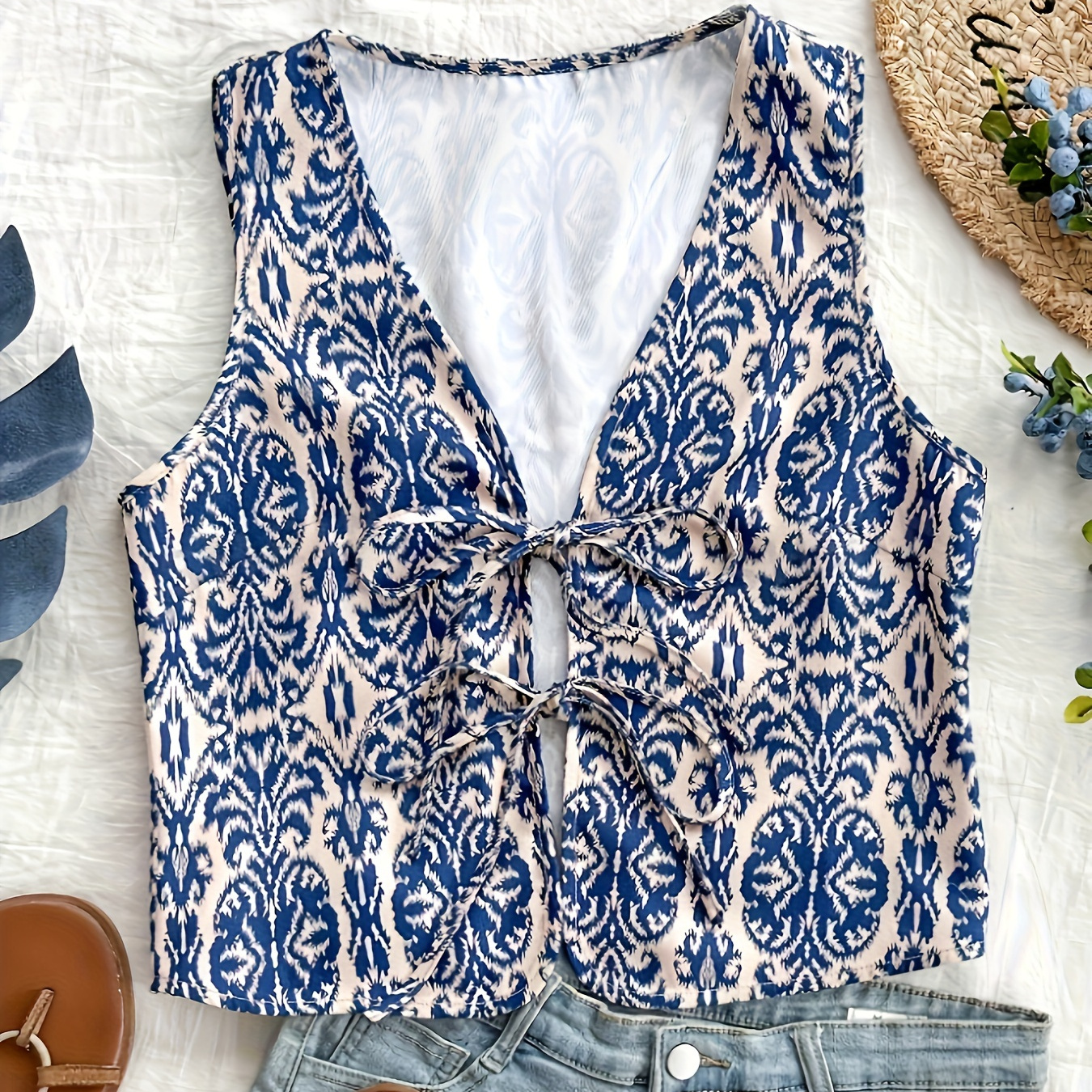 

Elegant Polyester Lace-up Vest For Women - Crew Neck, Blue And , Knit Fabric, Sleeveless Top For Spring/summer/fall - Middle Collection