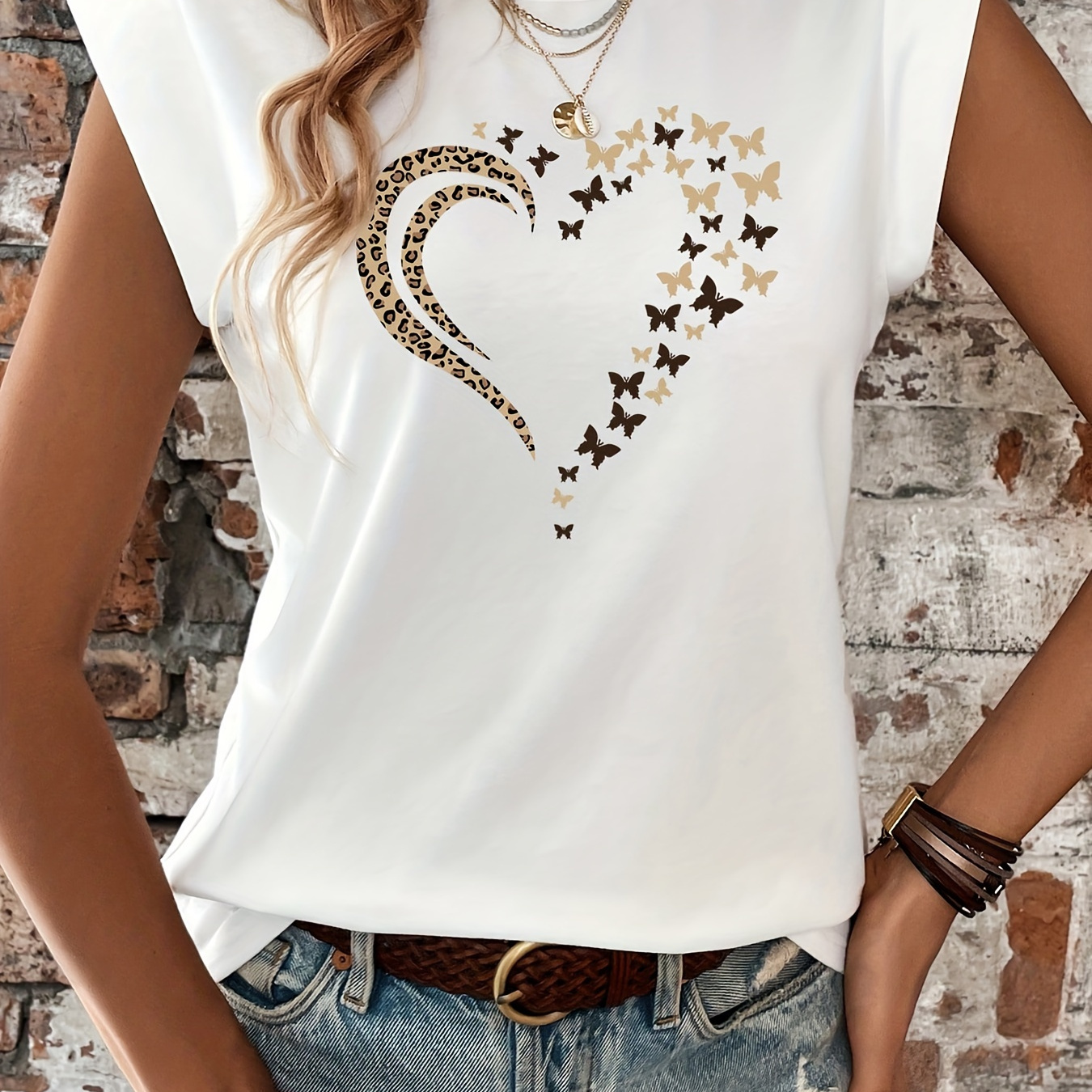 

Heart & Print T-shirt, Casual Crew Neck Cap Sleeve T-shirt For , Women's Clothing