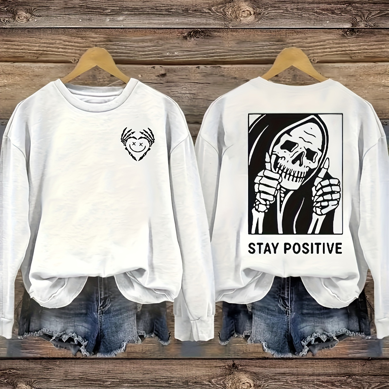 

Plus Size Stay Positive Print Pullover Sweatshirt, Casual Long Sleeve Crew Neck Sweatshirt For Fall & Winter, Women's Plus Size Clothing