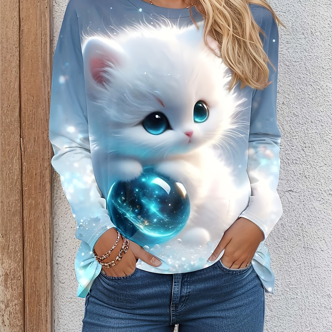 

Women's Elegant Crew Neck Long Sleeve T-shirt With Kitten And Orb Graphic, 100% Polyester Knit Fabric, Animal Pattern, Regular Fit For Spring/summer/fall - Polyester