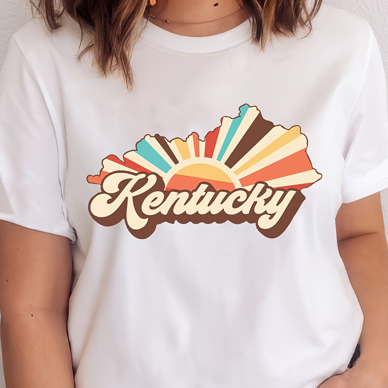 

Retro Kentucky Letter Print T-shirt, Short Sleeve Crew Neck Casual Top For Summer & Spring, Women's Clothing