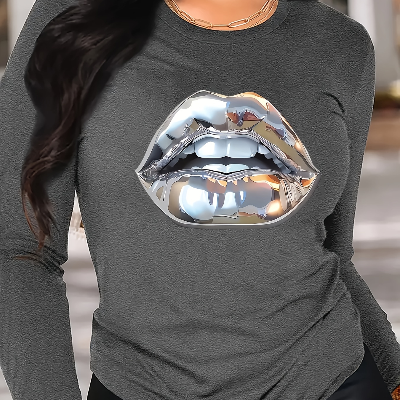 

1pc Women's Casual Crew Neck T-shirt With 3d Silver Lips Print, Polyester Knit Fabric, Medium Stretch, Short Sleeve, Slim Fit, Top