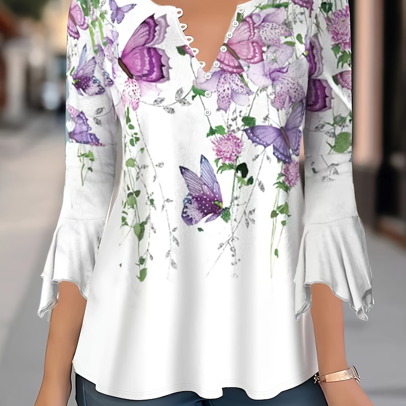 

Butterfly & Floral Print Button T-shirt, Elegant 3/4 Sleeve T-shirt For Spring & Summer, Women's Clothing