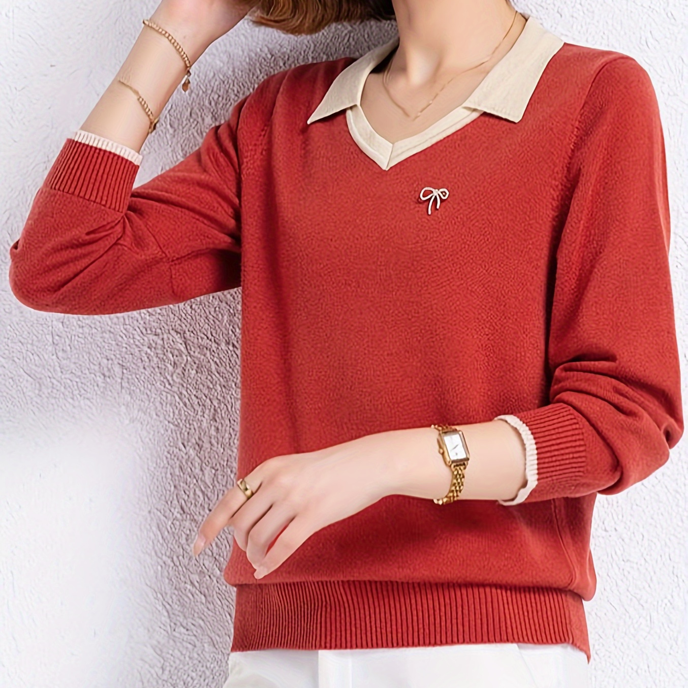 

Notched Collar Knitted Sweater, Casual Long Sleeve Versatile Sweater, Women's Clothing