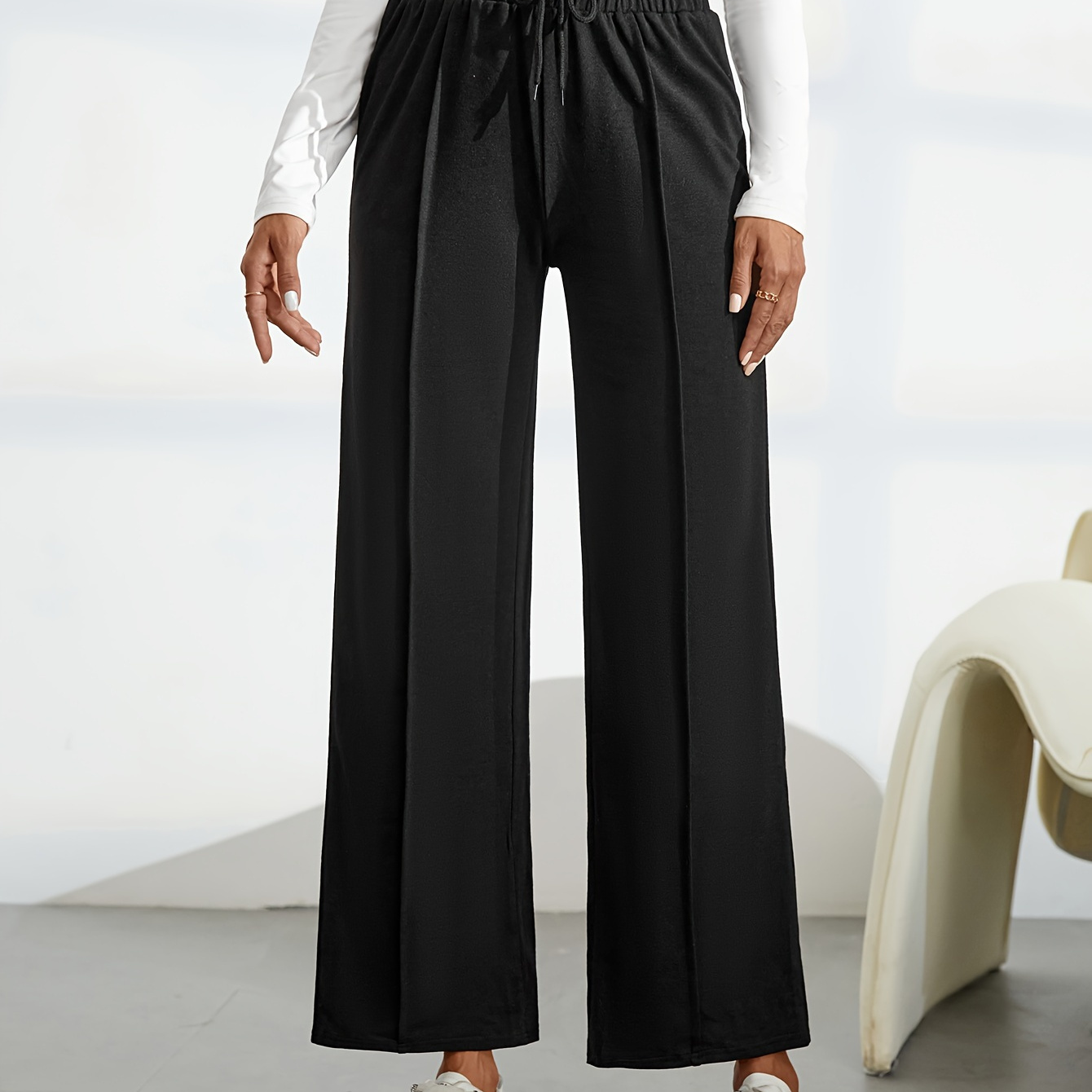 

Drawstring Wide Leg Pants, Casual Elastic Waist Solid Pants, Women's Clothing