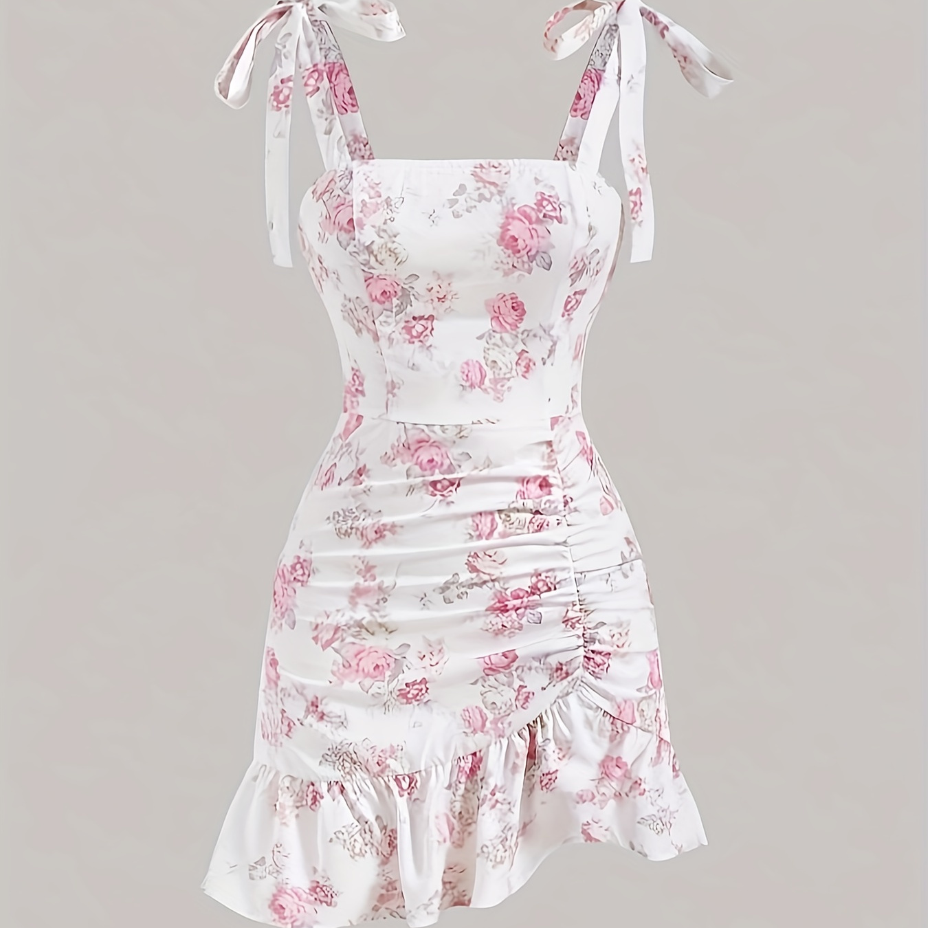 

Floral Print Ruffle Hem Dress, Elegant Backless Knot Strap Ruched Asymmetrical Dress, Women's Clothing