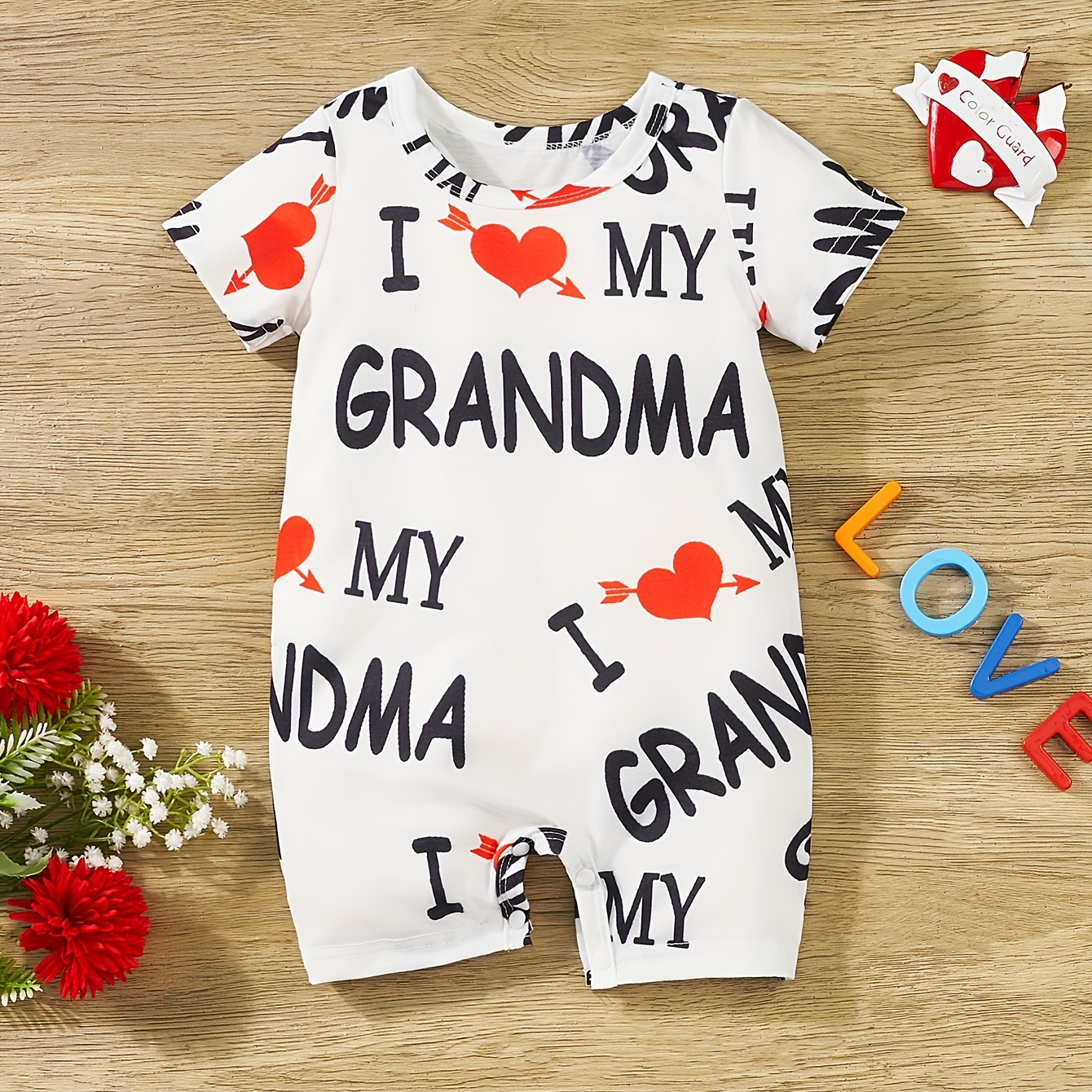 

Summer New Letter Of Love Print Baby's Romper, Comfy Child's Crew Neck Short Sleeve Onesie