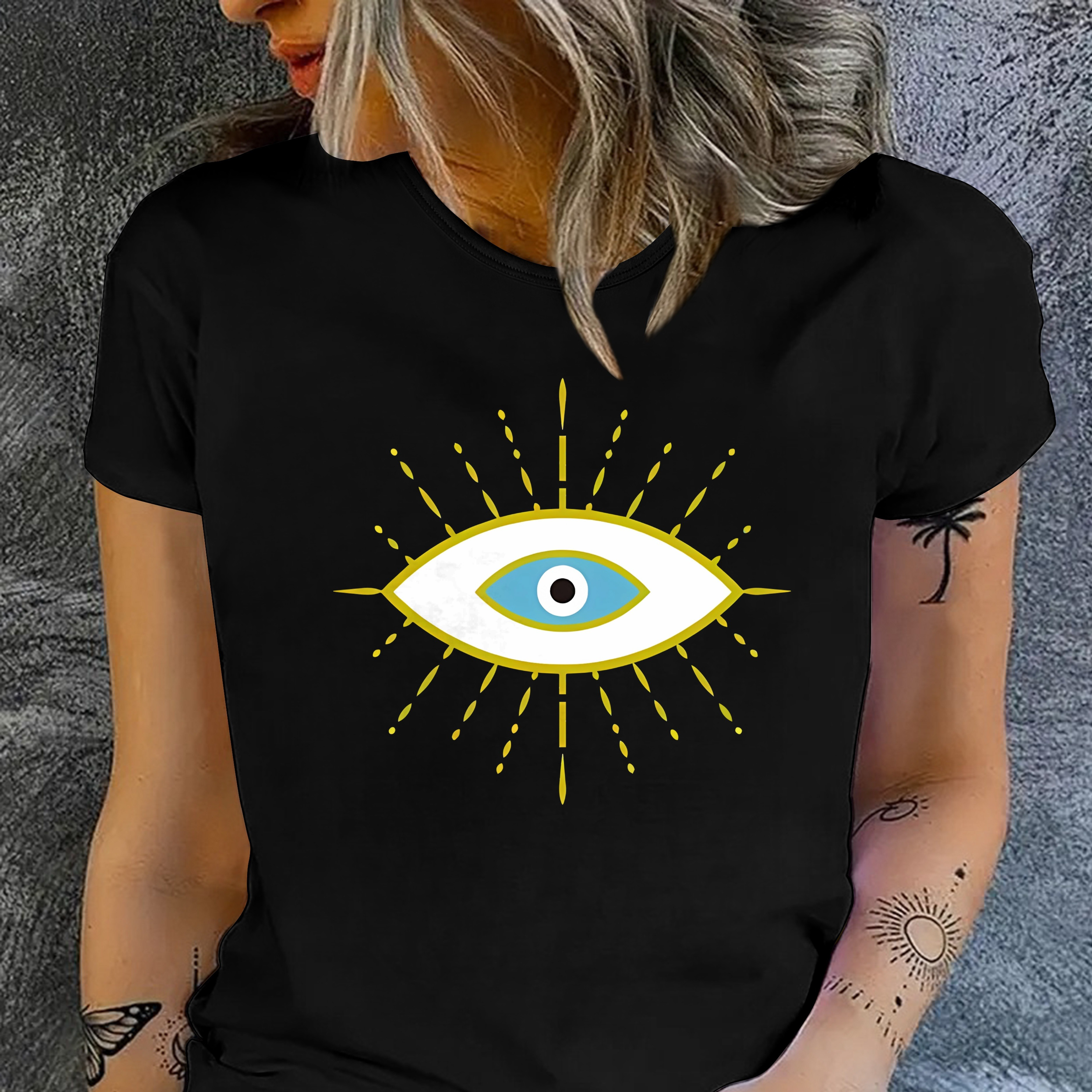 

Evil Eye Graphic Print T-shirt, Short Sleeve Crew Neck Casual Top For Summer & Spring, Women's Clothing