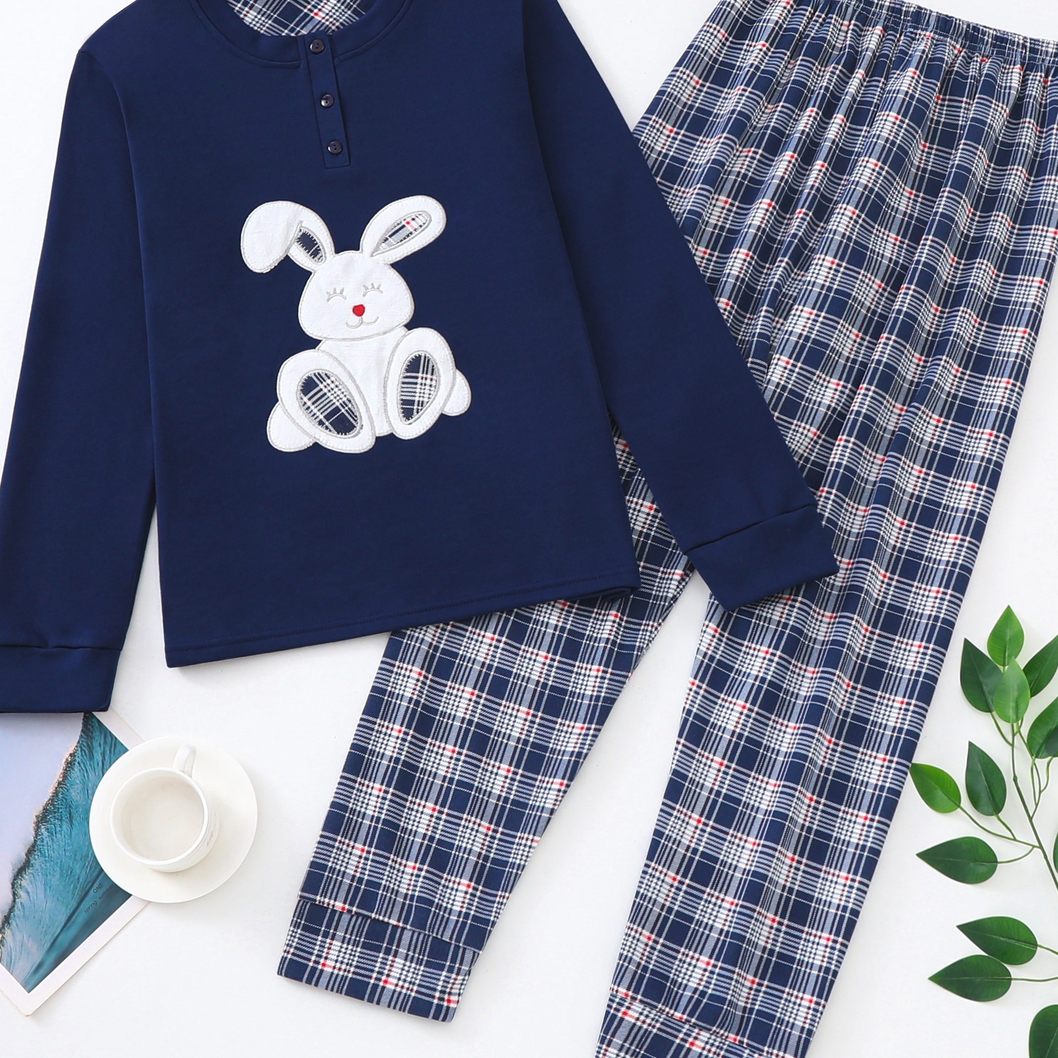Bunny Print Pajama Set Long Sleeve Round Neck Top Plaid - Temu