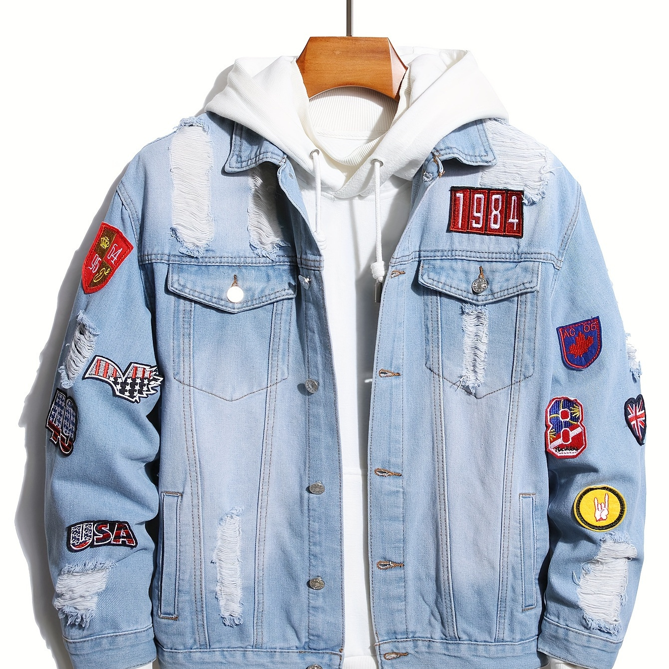 

Men's Casual Patchwork Ripped Denim Jacket, Chic Street Style Jacket