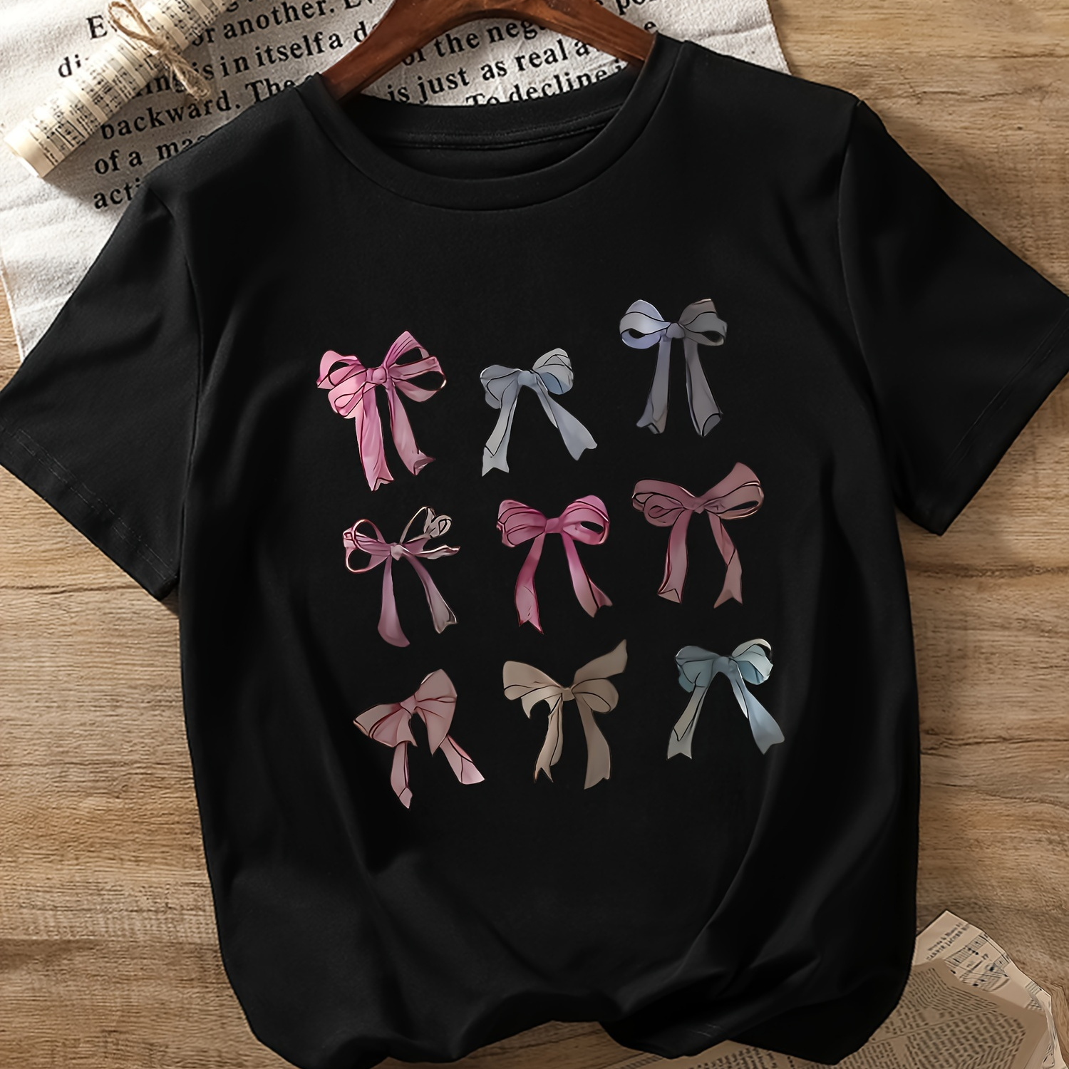 

Bow Print T-shirt, Short Sleeve Crew Neck Casual Top For Summer & Spring, Women's Clothing