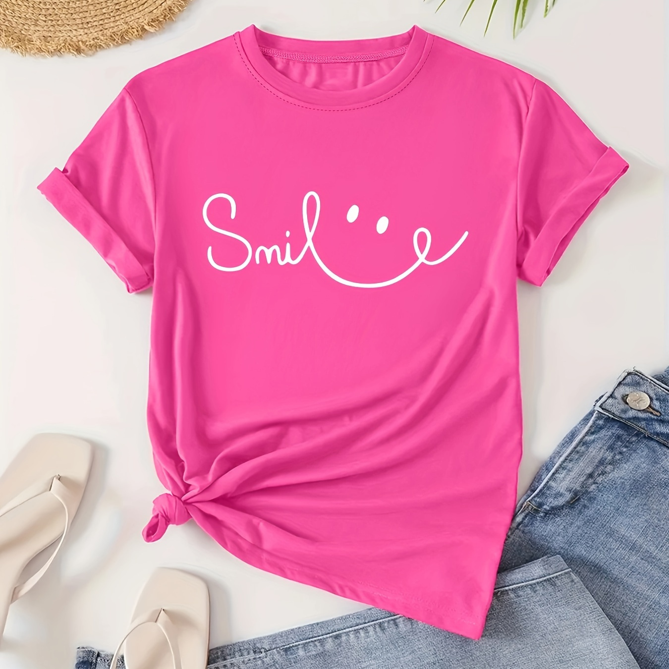 

Plus Size & Letter Print T-shirt, Casual Short Sleeve Top For , Women's Plus Size Clothing